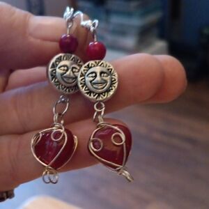 2/$12 Handmade Red Heart and Sun Face Earrings
